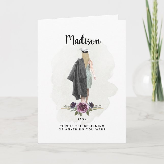 Watercolor Purple Floral Graduation Blonde Girl Card (Front)