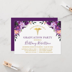 Watercolor Purple Floral Medical Graduation Party Invitation