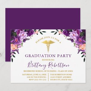 Watercolor Purple Floral Medical Graduation Party Invitation