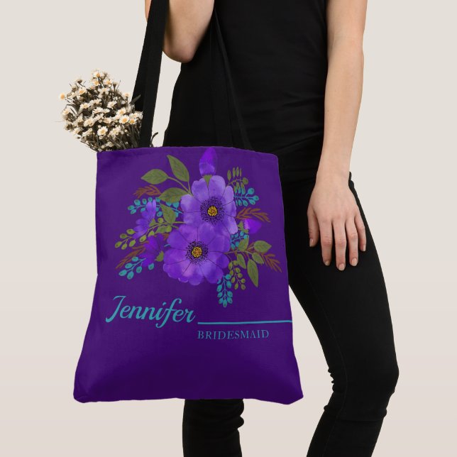 Watercolor Purple Floral Monogrammed Tote Bag (Close Up)