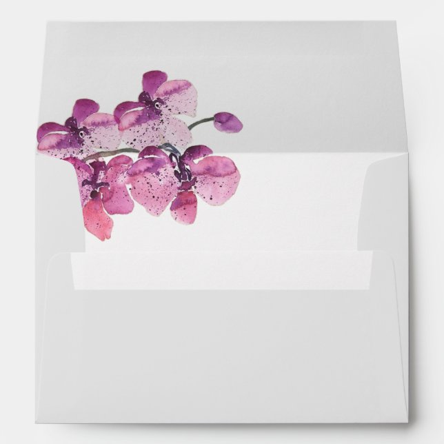 Watercolor Purple Floral ORCHID Flower Wedding Envelopes (Back (Bottom))