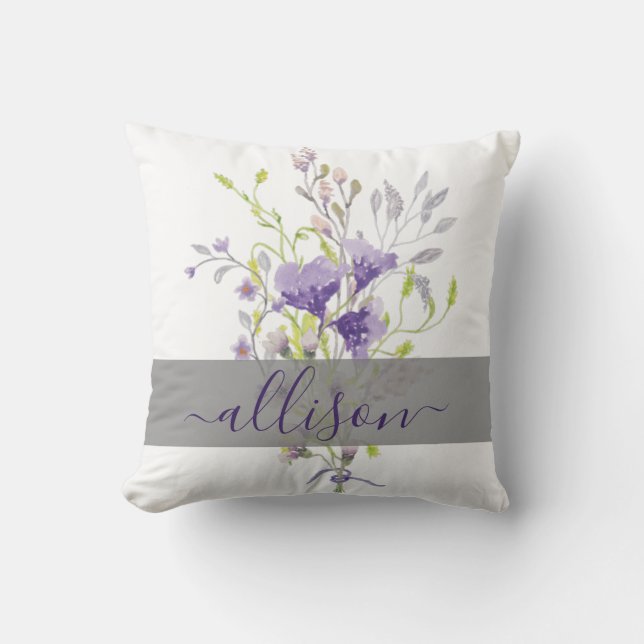 Watercolor purple floral spray personalised cushion (Front)