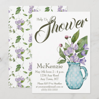 Watercolor Purple Floral Sweet Peas Baby Shower Invitation