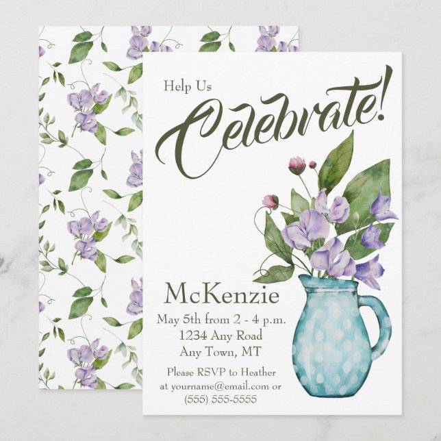 Watercolor Purple Floral Sweet Peas Party Invitation (Front/Back)