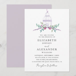 Watercolor purple floral vintage birdcage wedding invitation