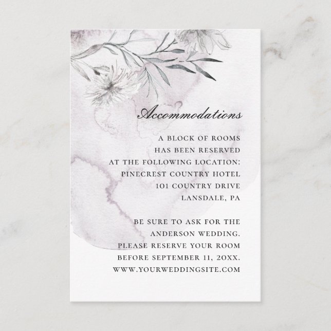 Watercolor purple floral wedding accommodations enclosure card (Front)