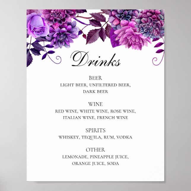 Watercolor purple floral wedding drinks bar menu poster (Front)