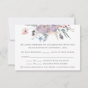 Watercolor purple floral wedding. Elegant rustic RSVP Card