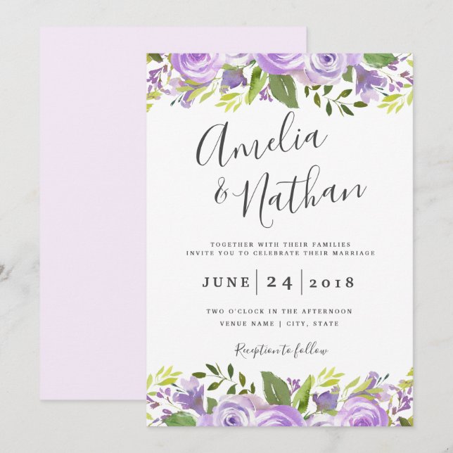 Watercolor Purple Floral Wedding Invitation (Front/Back)