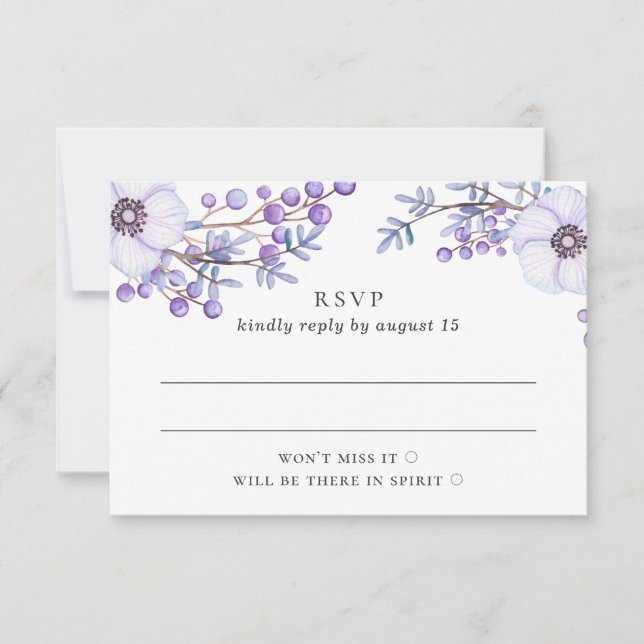 Watercolor purple floral wedding. Lilac botanical RSVP Card (Front)