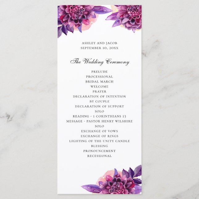 Watercolor purple floral wedding. Lilac flowers Programme (Front)