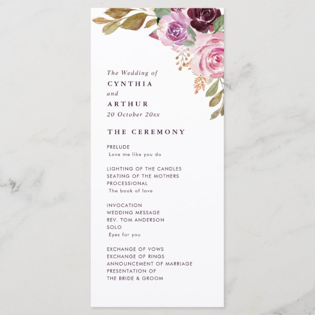 Watercolor purple floral wedding program programme (Front)