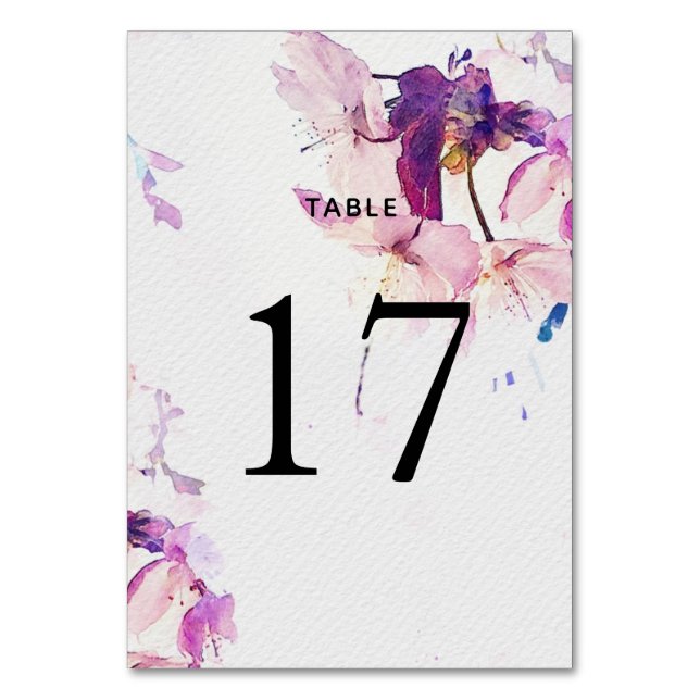 Watercolor Purple Floral Wedding Table Number Card (Front)