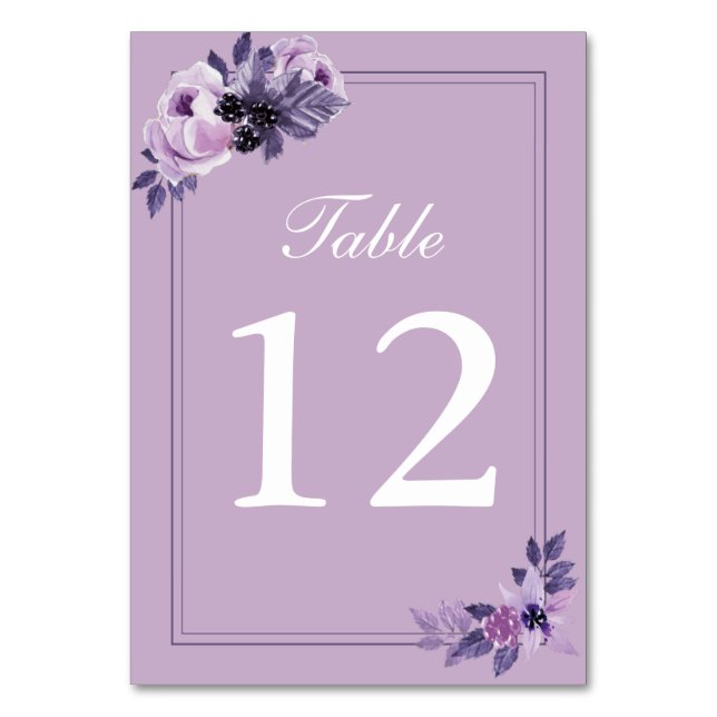Watercolor Purple Floral Wedding Table Numbers (Front)