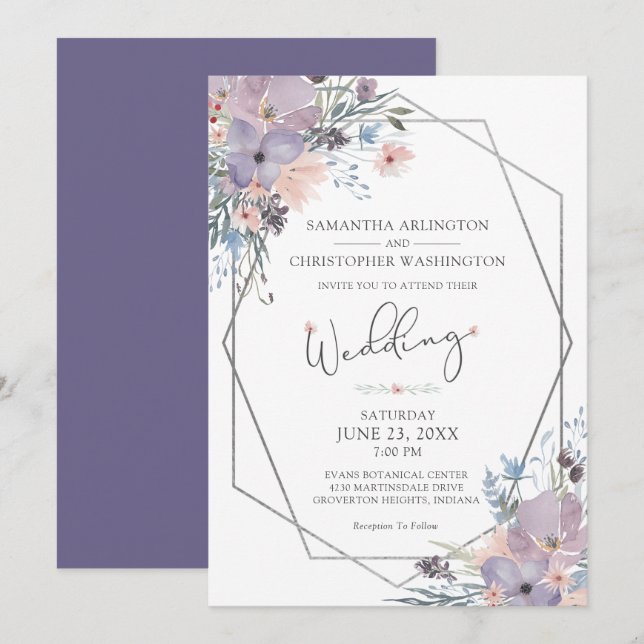 Watercolor Purple Floral Wildflowers Geometric Invitation (Front/Back)