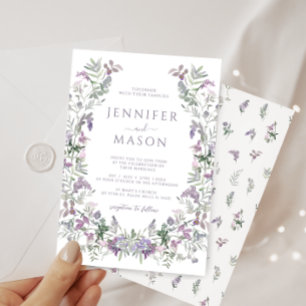 Watercolor purple floral wreath bohemian wedding invitation
