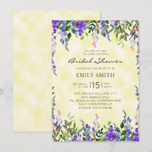Watercolor Purple Floral Yellow Bridal Shower Invitation