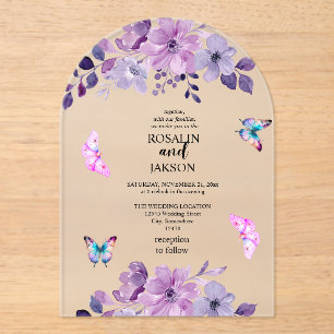 Watercolor purple flower bouquet acrylic invitations