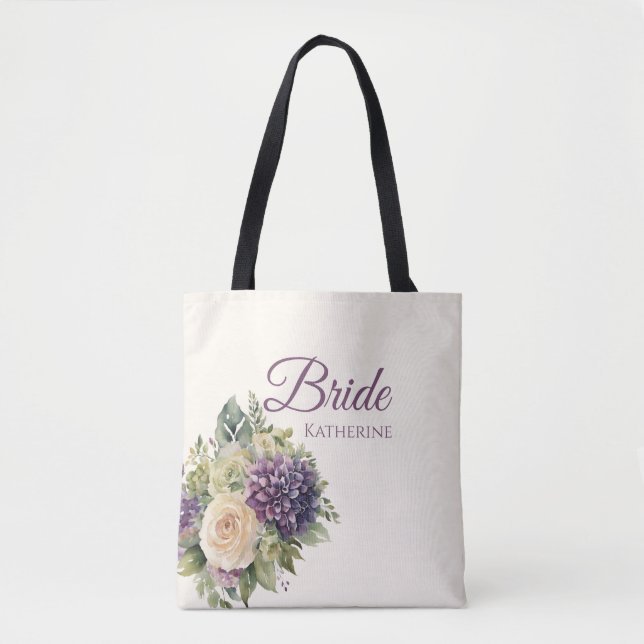 Watercolor Purple Flower Bouquet-Bride- Tote Bag (Front)