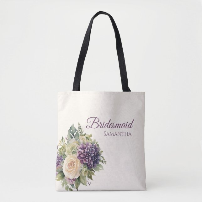 Watercolor Purple Flower Bouquet-Bridesmaid Gift- Tote Bag (Front)