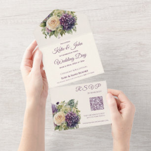 Watercolor Purple Flower Bouquet-Wedding- All In One Invitation