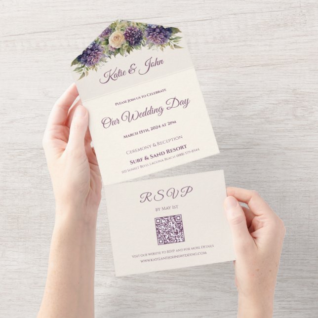 Watercolor Purple Flower Bouquet-Wedding- All In One Invitation (Tearaway)