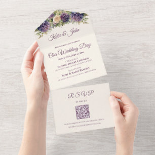 Watercolor Purple Flower Bouquet-Wedding- All In One Invitation