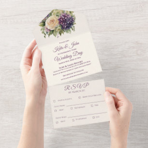 Watercolor Purple Flower Bouquet-Wedding- All In One Invitation