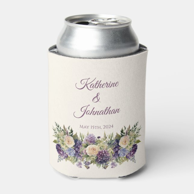 Watercolor Purple Flower Bouquet-Wedding- Can Cooler (Can Front)