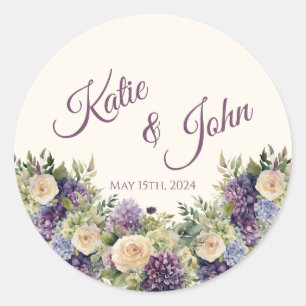 Watercolor Purple Flower Bouquet-Wedding- Classic Round Sticker