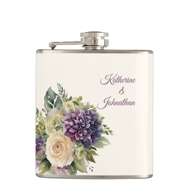 Watercolor Purple Flower Bouquet-Wedding- Hip Flask (Front)