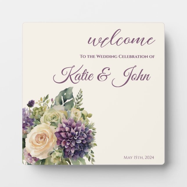 Watercolor Purple Flower Bouquet-Wedding- Plaque (Front)
