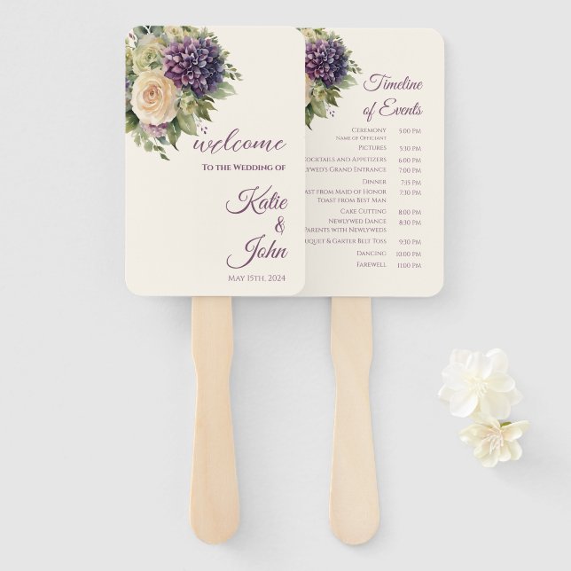 Watercolor Purple Flower Bouquet-Wedding Program- Hand Fan (Front and Back)