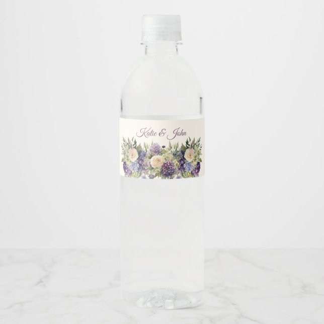 Watercolor Purple Flower Bouquet-Wedding- Water Bottle Label (Front)