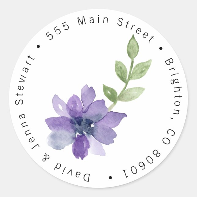 Watercolor Purple Flower Round Address Label (Front)