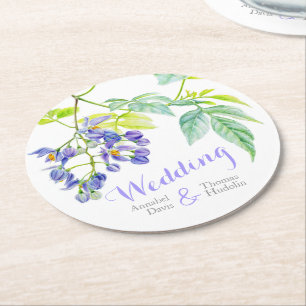 Watercolor purple flower wedding paper coasters