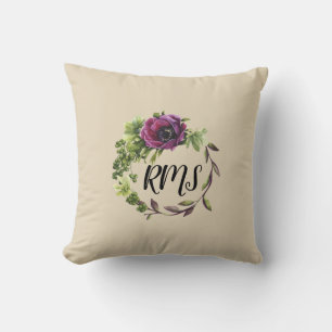 Watercolor Purple Flower Wreath Monogram Pillow