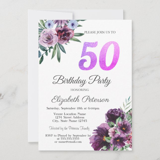 Watercolor Purple Flowers 50th Birthday Party  Invitation (Front)