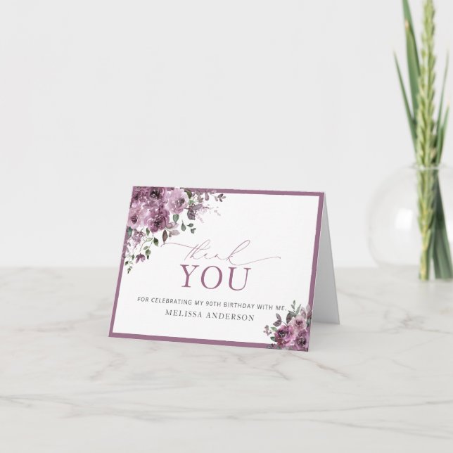 Watercolor Purple Flowers 90th Birthday Thank You (Front)