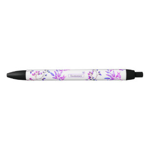 Watercolor purple flowers and cute butterflies black ink pen