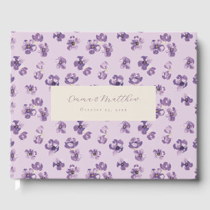 Watercolor Purple Flowers and Green Spine Script Guest Book