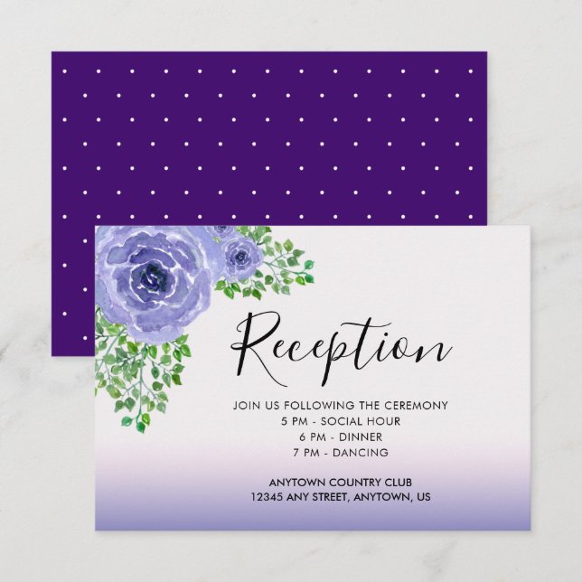 Watercolor Purple Flowers and Greenery Reception Invitation (Front/Back)