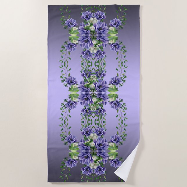 Watercolor Purple Flowers Beach Towel (Front)