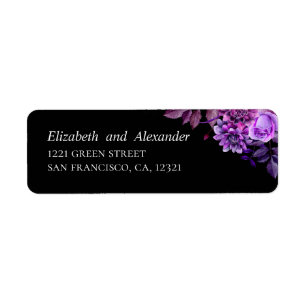 Watercolor purple flowers. Black wedding address