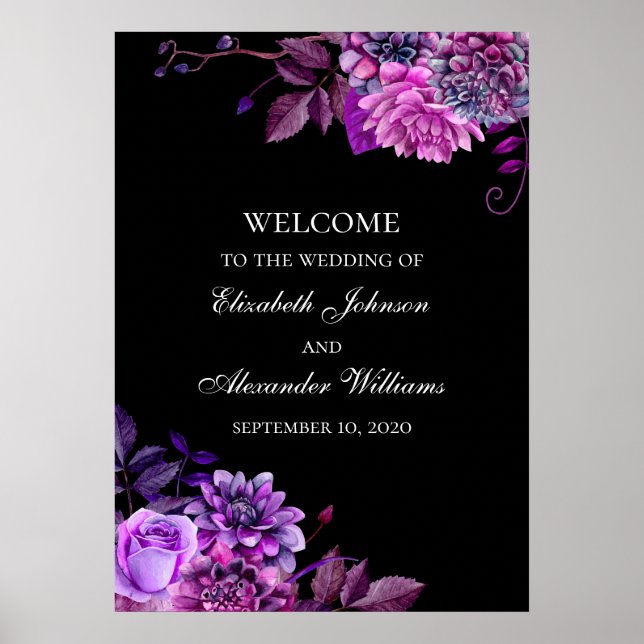 Watercolor purple flowers. Black wedding welcome Poster (Front)