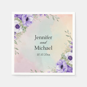 watercolor purple flowers elegant script wedding  napkin