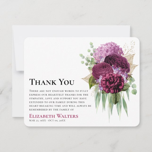 Watercolor Purple Flowers & Eucalyptus Symapthy Thank You Card (Front)