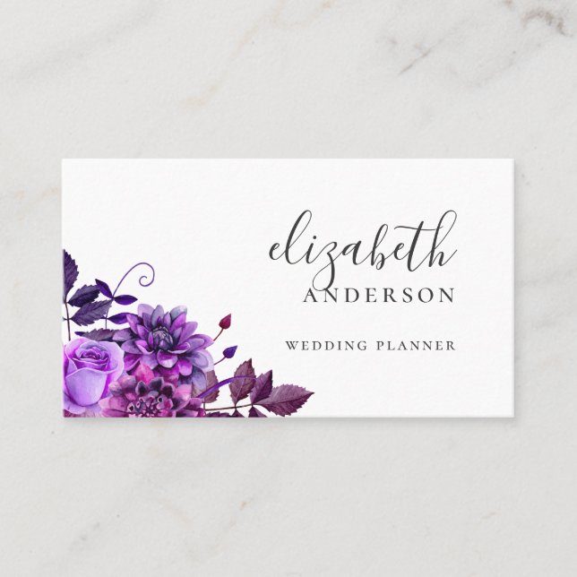 Watercolor purple flowers. Floral professional Business Card (Front)