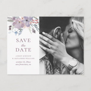 Watercolor purple flowers. Floral Save the Date Postcard