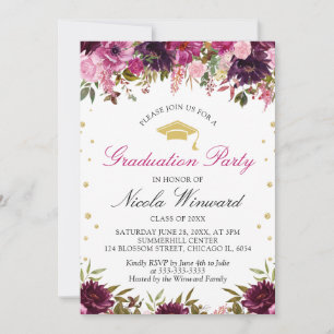 Watercolor Purple Flowers Girl Graduation Party Invitation